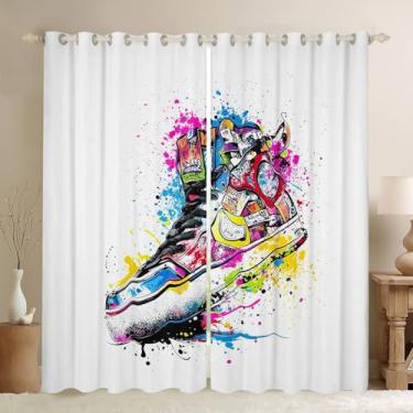 Imagem de Feelyou Cortinas de tênis retrô legal cortinas de janela tratamentos para crianças meninos meninas sapatos grafite cortinas janela tratamentos de janela 42L x 63C, 2 painéis, 30%-50% blackout