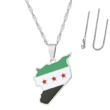 Imagem de Colar com mapa da bandeira da Síria, corrente de prata, esmalte verde branco preto com estrelas vermelhas, pingente da paz, Small, Aço inoxidável, Sem Pedra Preciosa