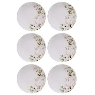 Imagem de Jogo 6 Pratos de Sobremesa 21cm Tramontina Porcelana Branca Floral Magnólia