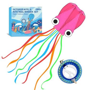 Imagem de Kaiciuss Conjunto De Pipa E Carretilha Octopus, Fácil Pilotar Para Viagens À Praia, Nice Winder Crianças Adultos, Estilo Sem Moldura Linha Única Com Kit Rodas 7,2" (Rosa)