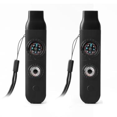 Imagem de Apito de segurança de sobrevivência de emergência, apito para crianças com cordão, bússola, termômetro, ideal para caiaque, passeios de barco, caminhadas, acampamento, escalada (preto, 2 peças