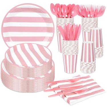 Imagem de 168 peças de suprimentos de festa rosa e branco descartáveis pratos de papel guardanapos, copos, facas, colheres, garfos para casamento, chá de panela, servir 24
