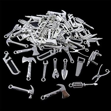 Imagem de Honbay 60 peças de liga para casa ferramenta pingente tibetano prata metal martelo chave de serra alicate chave de fenda coleção de berloques para brinco, colar, pulseira, chaveiro, joias, artesanato (10 estilos)
