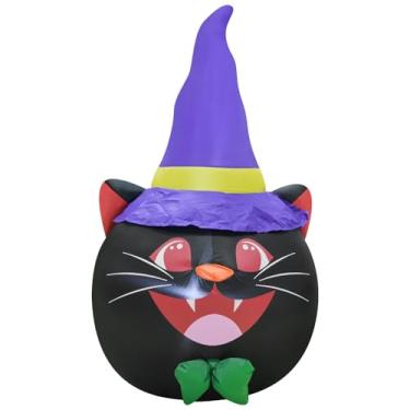 Imagem de Cabeça de gato de 1,2 m decoração inflável de Halloween decoração interna e externa, luzes de LED, perfeita para festas de Halloween, decoração de férias, decorações infláveis