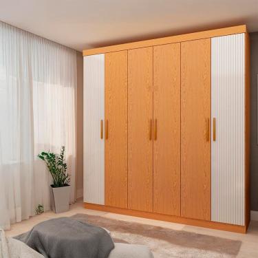 Imagem de Guarda-Roupa Casal Genialflex Palermo, 6 Portas, 2 Gavetas e 4 Prateleiras 205cm de largura – Cinamomo/White Laca Detalhe Frisado