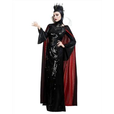 Imagem de Cosplay.fm Fantasia feminina de rainha má princesa madrasta cosplay traje adulto Halloween vestido de fantasia de rainha, Preto, G