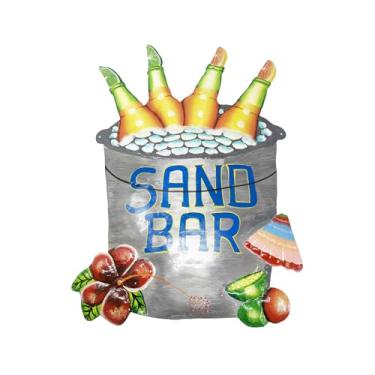 Imagem de Arte de parede de metal com barra de areia – Placa de parede de balde costeiro haitiano feito à mão com detalhes tropicais – Decoração de bar de praia náutica para pátio, quintal, cozinha, bar, café