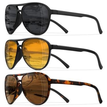 Imagem de STORYCOAST Óculos de sol aviador polarizados para homens e mulheres clássico retrô aviadores esportes dirigir corrida óculos de sol, Pacote com 3 - preto + tartaruga marrom + preto laranja amarelo
