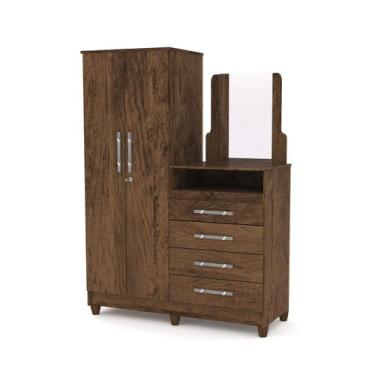 Imagem de Roupeiro 2 Portas + Cômoda Line 4 Gavetas com Espelho Imbuia Rústico p
