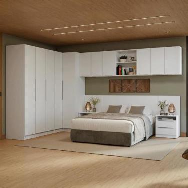 Imagem de Quarto Completo Casal de Canto 580 cm com Mesa de Cabeceira Branco Neo