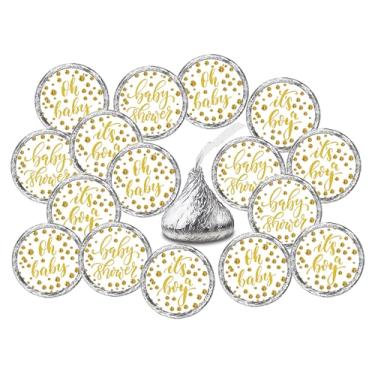 Imagem de 324 Gold Oh Baby Boy Kisses Etiquetas para chá de bebê ou festa ou evento polvilhe de bebê, It's a Boy Kisses Stickers, Wrappers, Favores. Dourado e Branco