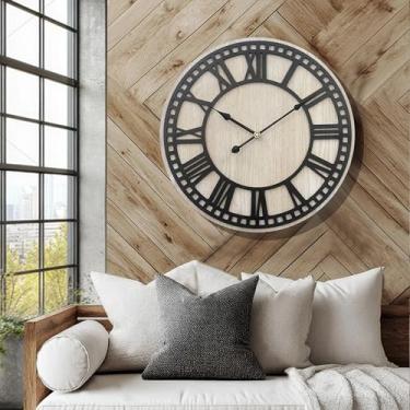 Imagem de Relógios de parede grandes de madeira, silencioso, sem tique-taque, relógio de parede de casa de fazenda para decoração de sala de estar com algarismos romanos 3D para casa, escritório, entrada