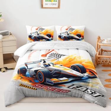 Imagem de AILONEN Conjunto de edredom com desenho de carro de corrida amarelo, esportes radicais, tamanho Queen, preto e branco, 1 conjunto de edredom + 2 fronhas