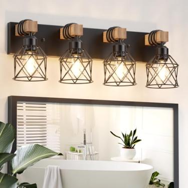 Imagem de Luminária de banheiro para banheiro, luminária de banheiro de madeira com 4 luzes sobre o espelho, arandela de parede rústica preta com abajur de metal de gaiola, luzes de parede vintage para quarto