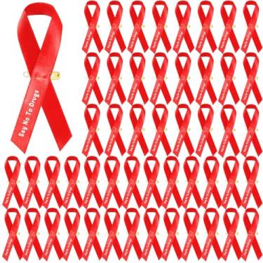 Imagem de Geosar 50 alfinetes de fita vermelha antidrogas conscientização diga não às drogas fita vermelha com alfinetes de segurança suprimentos de lembrancinhas de festa de campanha pública