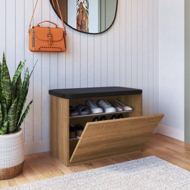 Imagem de Sapateira Puff Solteiro 9 Pares com Estofado Quarto Mel/Preto