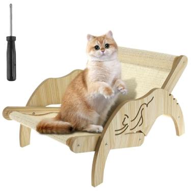 Imagem de Cadeira de praia para gatos, cama de rede para gatos, cadeira de praia para gatos de madeira, cama de cadeira elevada para gatos com arranhador de sisal, espreguiçadeira para gatos de altura ajustável