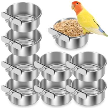 Imagem de 8 tigelas de alimentação de pássaros de aço inoxidável, copo pequeno para alimentação de pássaros, tigelas suspensas com suporte de braçadeira para calopsita, periquito, papagaio, arara, animal