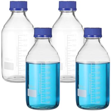 Imagem de 4 garrafas de vidro de 1 litro com tampa, garrafas de vidro borossilicato, garrafas redondas de mídia, frasco de reagente de vidro de soda-cal graduado com tampa de rosca azul GL45 para laboratório