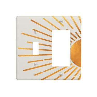 Imagem de Mid Century Boho Gold Sun Sunrise Light Switch Cover Decorativa 2 Gang Toggle Rocker Combo Placa de Parede Placa Elétrica Placa Frontal para Cozinha Banheiro Quarto Decoração 11,4 cm x 11,4 cm