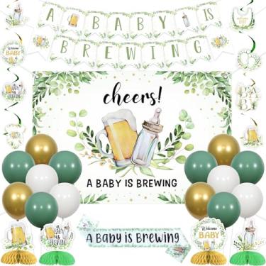 Imagem de JOYMEMO Greenery Bottle and Beer Baby Shower Decorations, Sage Green A Baby Is Brewing Backdrop, Banner, Hanging Swirls, Honeycomb Centerpieces, Sash, Balloons for Pregnancy Celebration Newborn Party