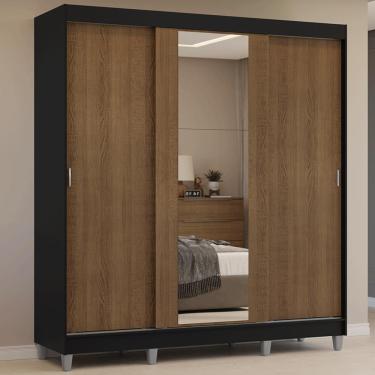 Imagem de Guarda-roupa Casal Com Pés 3 Portas De Correr Com Espelho Preto Rustic Reno Madesa