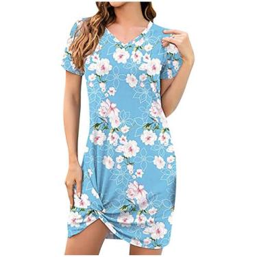 Imagem de Vestido feminino verão manga curta solta camiseta com decote em v fren