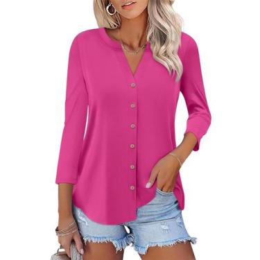 Imagem de Camiseta feminina ORANDESIGNE, manga 3/4, decote em V, algodão magenta