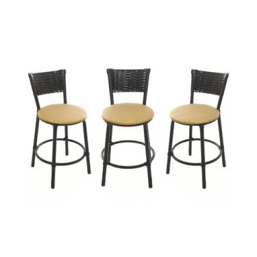 Imagem de KIT 3 Banquetas Baixa Encapada Junco PRETO Bar Bistro Cozinha - ESPAÇO
