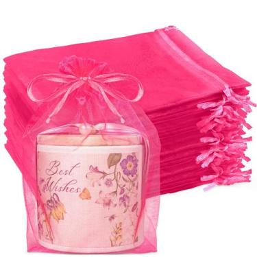 Imagem de Sacos Creeety, 100 peças de organza rosa choque com cordão, 15x23 cm -