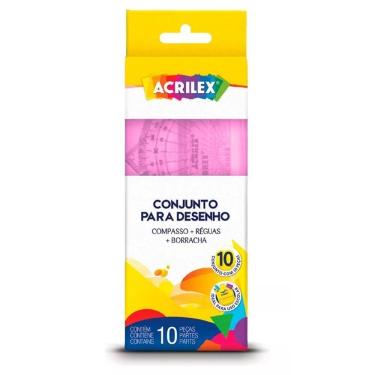 Imagem de Kit Geométrico Escolar Desenho Réguas Compasso Rosa Acrilex