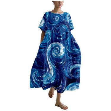 Imagem de Vestido MARSVOVO: linho azul para mulheres, verão 2024, moda 3XL