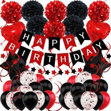 Imagem de Decorações de aniversário ZERODECO em preto e vermelho com banner e ba