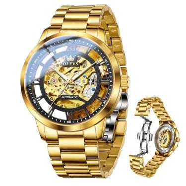 Imagem de OLEVS Relógios de pulso masculinos esqueleto, automáticos, mecânicos, luxuosos, automáticos, de aço inoxidável, à prova d'água, luminosos, 6728: pulseira dourada e mostrador preto