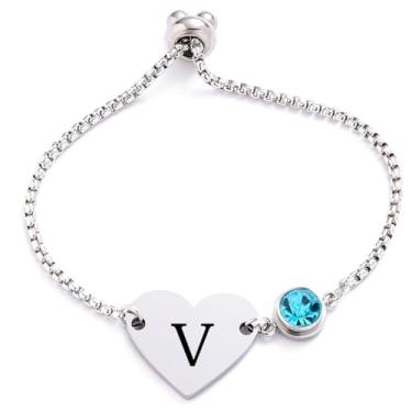 Imagem de Eilygen Pulseira de pedra do mês de nascimento com inicial de coração ajustável de aço inoxidável para mulheres, aniversário, dia dos namorados, presente personalizado para ela, Large, Aço inoxidável