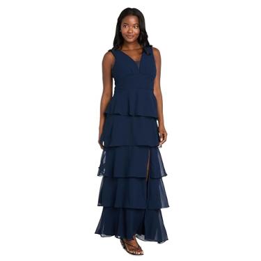 Imagem de R&M Richards Elegante vestido maxi georgette em camadas com decote em V profundo, detalhe de malha e fenda lateral, Azul marino, 44