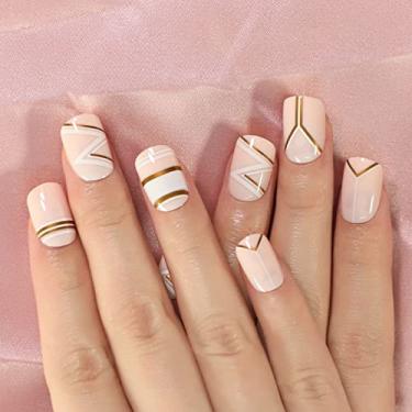 Imagem de Conjunto de unhas postiças ponta acrílica YZV Gold Line Designs Artificial Press On Nails curto rosa adorável unhas fofas manicure uso diário