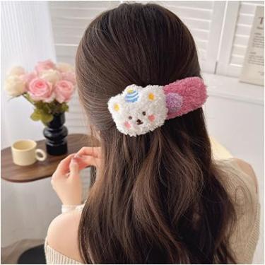 Imagem de Grampo de cabelo de urso de pelúcia moderno clipe de bico de pato grande clipes laterais fofos grampos de cabelo de urso de pelúcia colorido acessórios de cabelo de urso (branco, 12 x 6 cm)