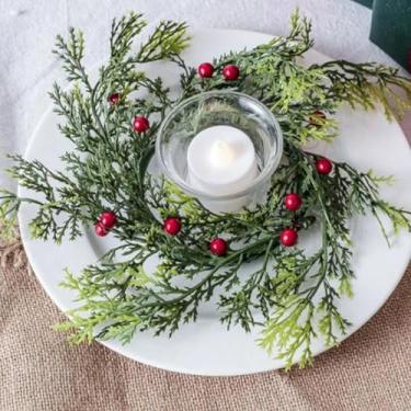 Imagem de 1 guirlanda de castiçal de agulha de pinheiro para decoração de mesa de Natal, anel de vela de folhas artificiais, guirlanda de castiçal, decoração de casa