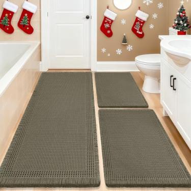 Imagem de Conjunto de 3 peças de tapete de banho waffle, moderno, tecido boêmio, absorvente, antiderrapante, tapetes de banheiro macios, laváveis na máquina, tapetes de banho de malha com borda para banheiro