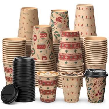 Imagem de FoldTier 100 peças de copos de papel de Natal de 340 g com tampas Xícaras de café descartáveis de Natal Papel Kraft para beber festa de Natal Suprimentos para bebidas quentes e frias de cacau