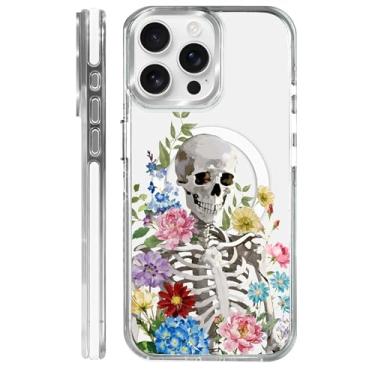 Imagem de OKBUOK Capa para iPhone 15 Pro Max [compatível com Magsafe], capa magnética transparente de silicone à prova de choque com estampa de flores e caveira