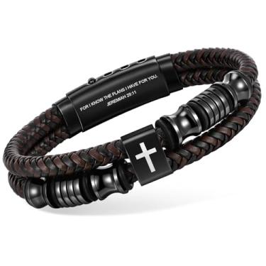 Imagem de Pulseira masculina de couro marrom cristão – Pulseira de cruz de fé de couro trançado de fileira dupla, batismo religioso, versículo bíblico inspirador, joia presente para homens jovens, adolescentes