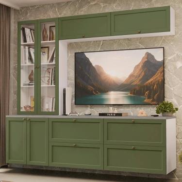 Imagem de Estante Sala De Estar Com Rack + Cristaleira 230cm Vik Madesa 01 Branco-verde