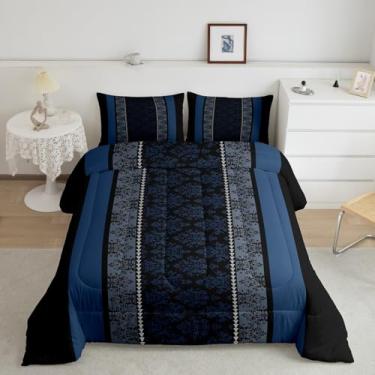 Imagem de jejeloiu Conjunto de cama adulto clássico jacquard padrão damasco conjunto de edredom para meninos e meninas, preto e azul, conjunto de edredom barroco, 3 peças