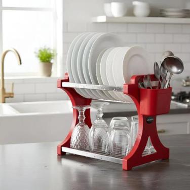 Imagem de Escorredor de Louça 12 Pratos Vermelho em aço Inox Alto com Porta Talh