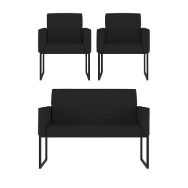 Imagem de Kit 2 Poltrona + Sofá 2 Lugares com Base Ferro Preta Courino Cor:preto