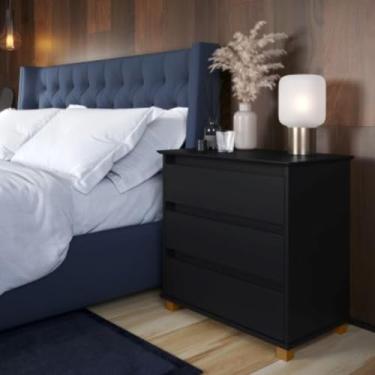 Imagem de Mini Cômoda Preta Com 3 Gavetas e Pés em Madeira Maciça EJ