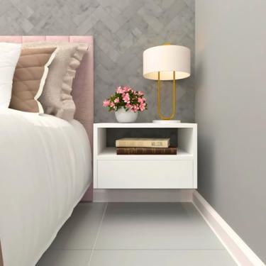 Imagem de Mesa de cabeceira 40cm criado suspenso 100% MDF Branco com Gaveta Embaixo e Nicho