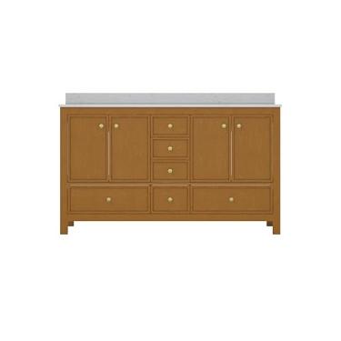 Imagem de HIGEINE Armário de banheiro com pia dupla atualizada de 152 cm, armário independente em carvalho marrom com bancada de mármore Calacatta e orifício para torneira